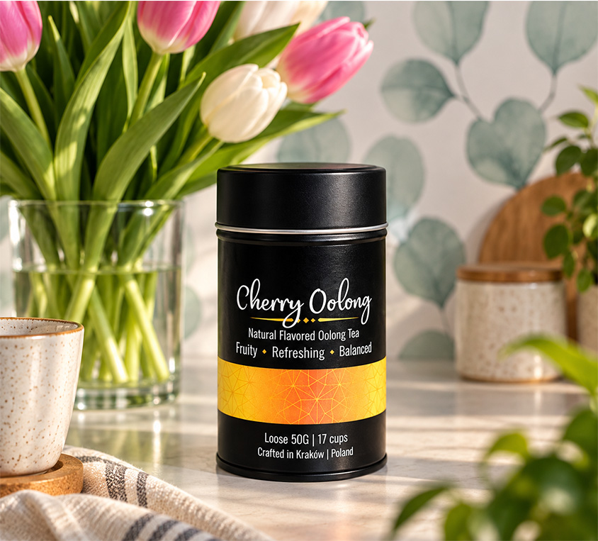 Cherry Oolong Leo Tea – wiśniowa herbata z liofilizowaną wiśnią w metalowej puszce 50g